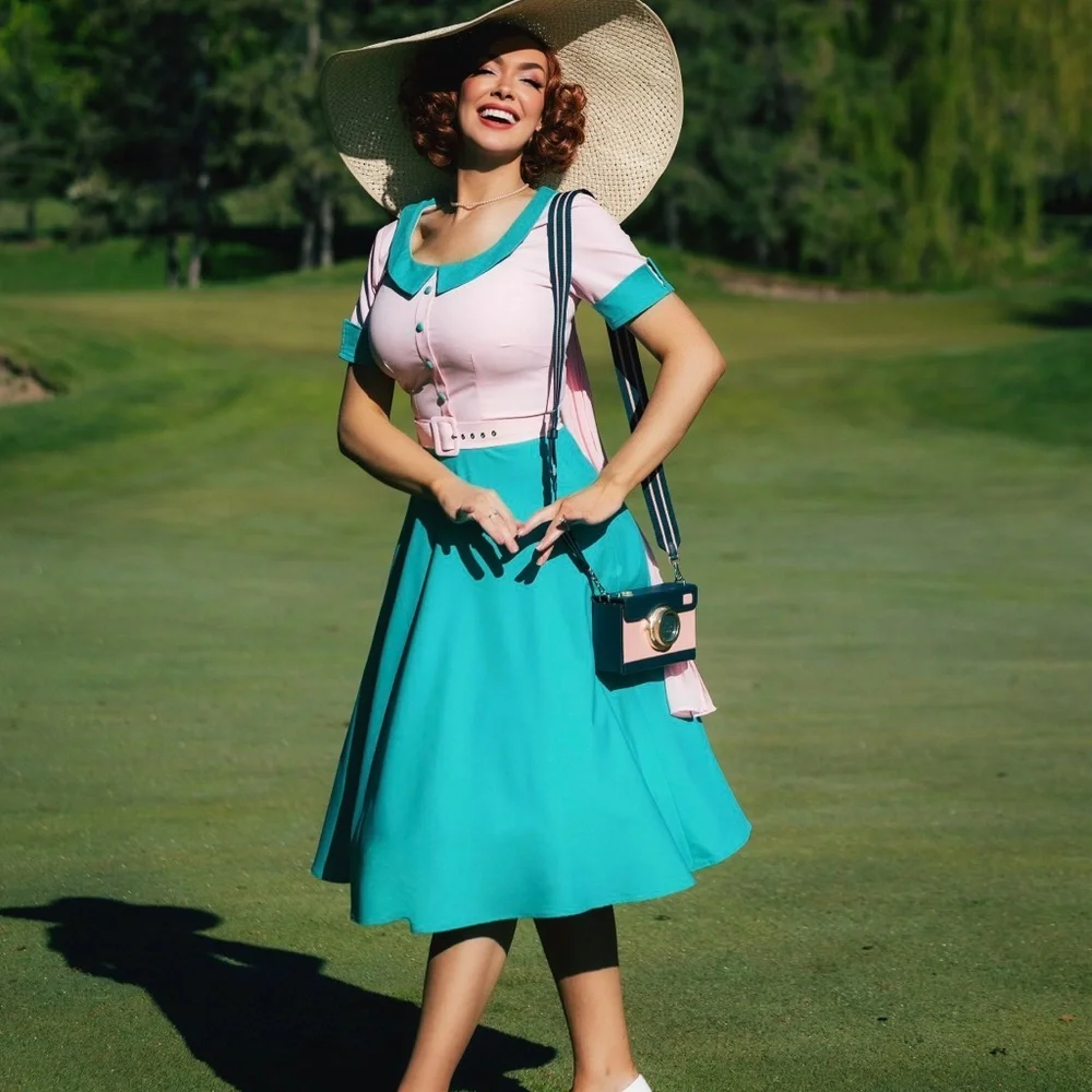 Retro Feminine Pink and Teal Swing Dress - Picture 3 of 5